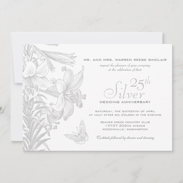 Invitation Lilies Papillons Argent 25e Anniversaire de Mariag (Devant)