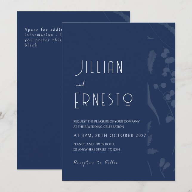 Invitation Lily de Valley || Solide Bleu Profond avec Bord Dé (Devant / Derrière)