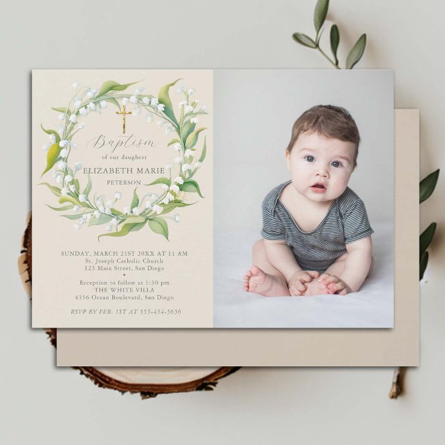 Invitation Lily Valley Gold Cross Formal Chic Photo Baptême (child baptism invitation photo lily valley floral wreath watercolor christening)