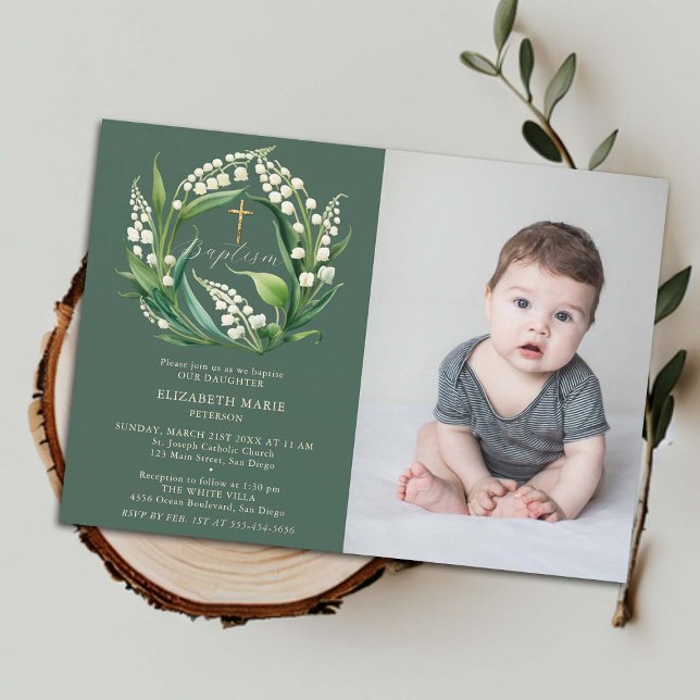 Invitation Lily Valley Green Gold Formal Chic Photo Baptême (baptismal invitation child toddler baby baptism christening lily valley floral wreath elegant classy)