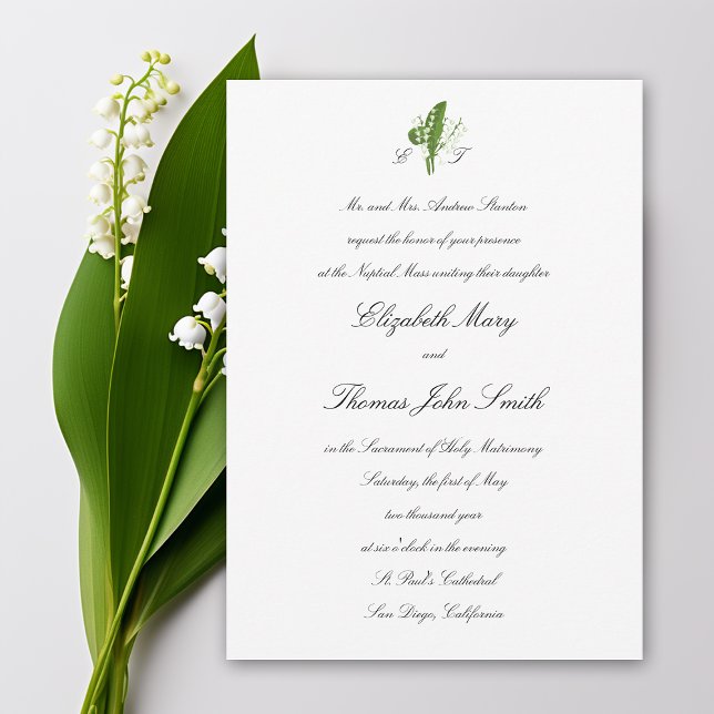 Invitation Lily Valley Religieux Forme Traditionnelle Mariage (lily of the valley wedding invitation formal traditional calligraphy monograms religious catholic)