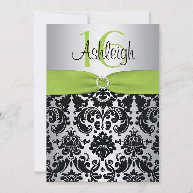 Invitation Lime, Argent et Black Damask Sweet 16 (Devant)