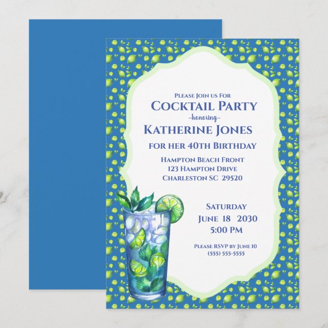 Invitation Lime Blue Mojito Anniversaire Cocktail Party (Devant / Derrière)