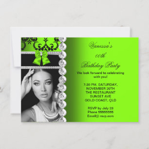 Invitation Lime Damask Black Jewel Bow Photo Anniversaire