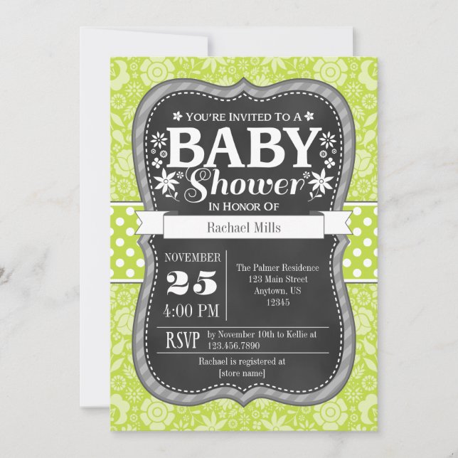 Invitation Lime Green Chalkboard Floral Baby shower Invitatio (Devant)
