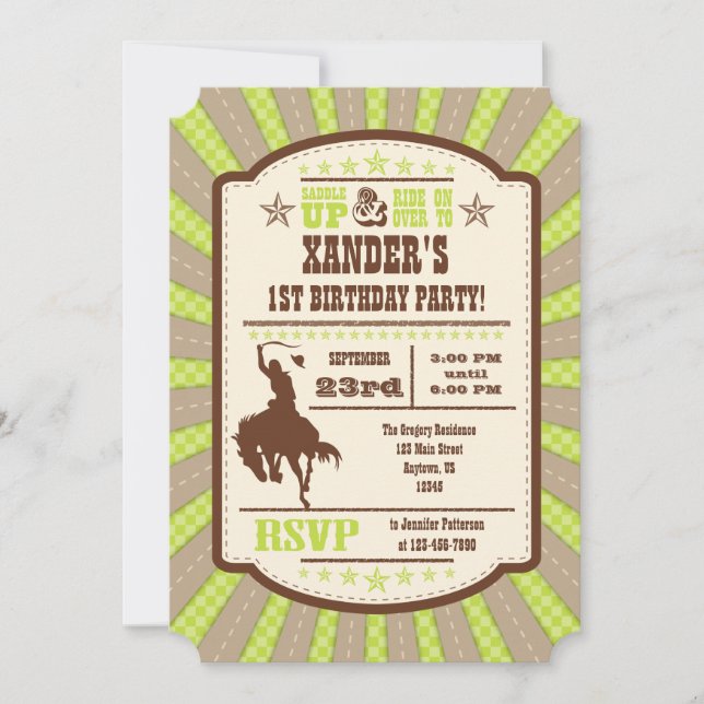 Invitation Lime Green Cowboy Rodeo Anniversaire Fête Invitati (Devant)
