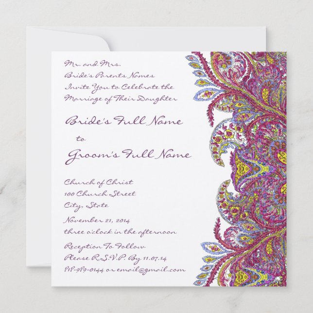 Invitation Lime Green et Raspberry Mariage damassé (Devant)