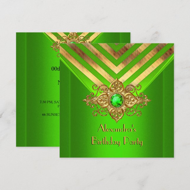 Invitation Lime Green Gem Gold Déco Strio Anniversaire (Devant / Derrière)