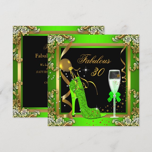 Invitation Lime Green Gold Fabuleux 30 Anniversaire (Devant / Derrière)