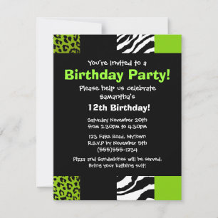 Invitation Lime Green Leopard et Zebra Poster de animal Party