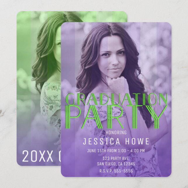 Invitation Lime Green Purple Graduate Party Photo (Devant / Derrière)