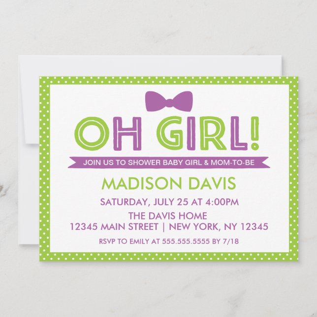 Invitation Lime Green & Purple Polka Dot Oh Baby shower fille (Devant)