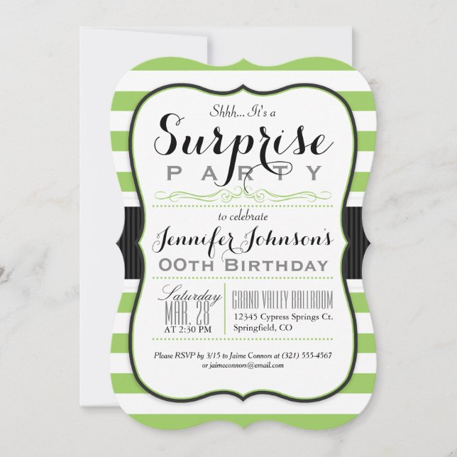 Invitation Lime Green & White Stripes Surprise Party (Devant)
