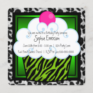 Invitation Lime Green Zebra Girls Cupcake fête d'anniversaire