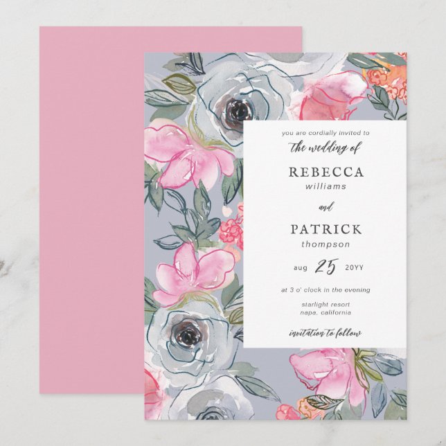 Invitation Line Art Aquarelle Floral Mariage élégant (Devant / Derrière)