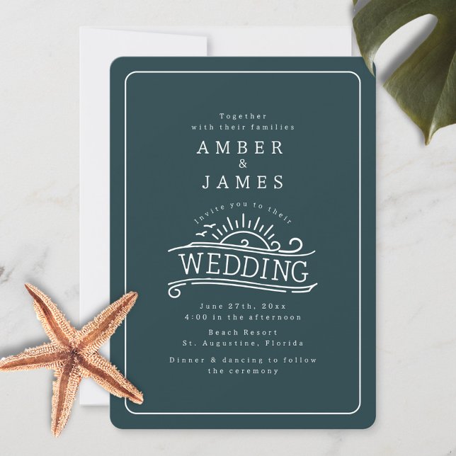 Invitation Line Art Beach Wedding Dark Slate Green (Créateur téléchargé)