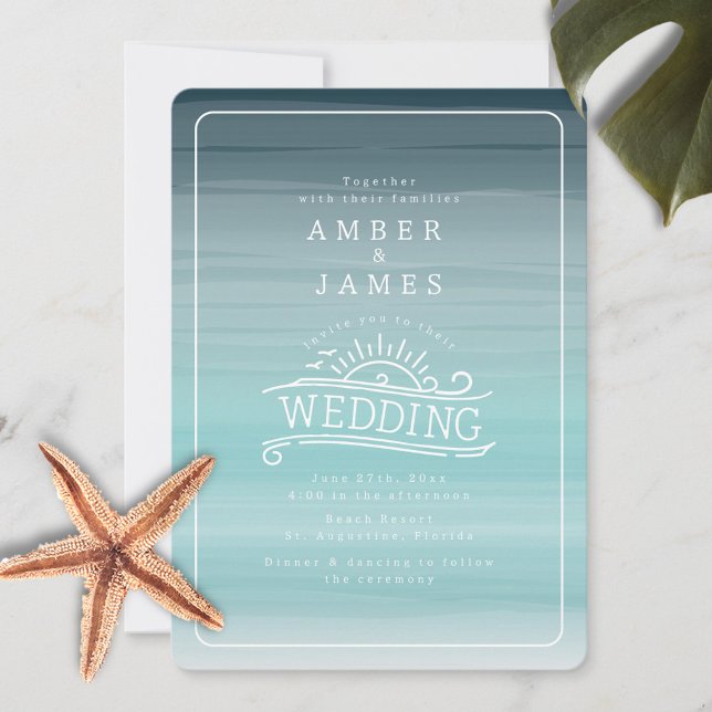 Invitation Line Art Beach Wedding Turquoise Ombre (Créateur téléchargé)