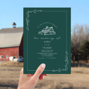 Invitation Line Art Rustic Barn Emerald Mariage