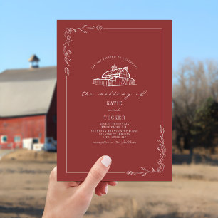 Invitation Line Art Rustic Grange Muet Mariage rouge