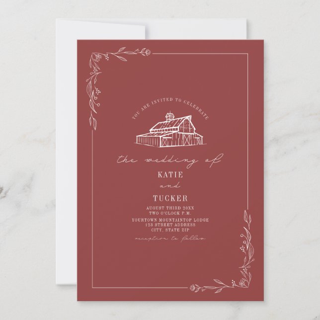 Invitation Line Art Rustic Grange Muet Rouge Mariage QR (Devant)