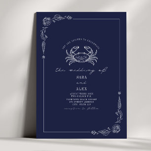 Invitation Line Art Rustic Navy Blue Crab Beach Wedding