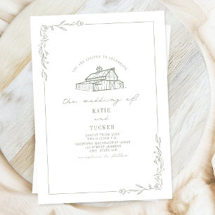 Invitation Line Art Rustique Grange Sage Vert Blanc Mariage