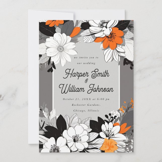 Invitation Lineart floral noir, blanc, orange mariage (Devant)