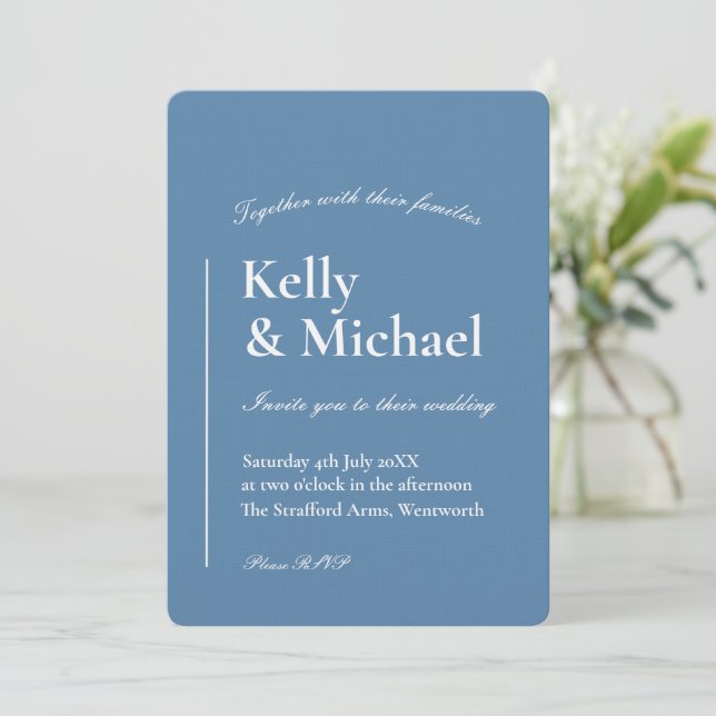 Invitation Linen Dusty Mariage de typographie bleue (Debout devant)