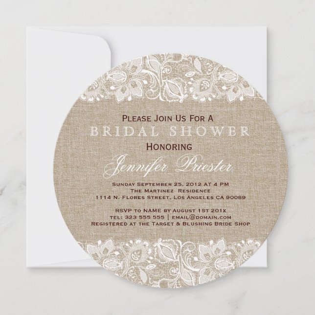 Invitation Linge beige Burlap & dentelle florale blanche 2 In (Devant)