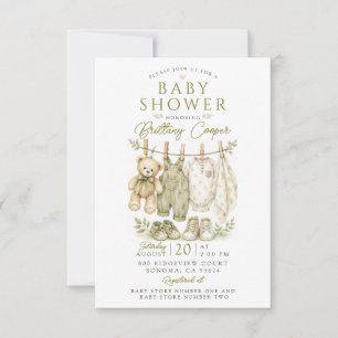 Invitation Linge de bébé pour Baby Shower Vert Sauge
