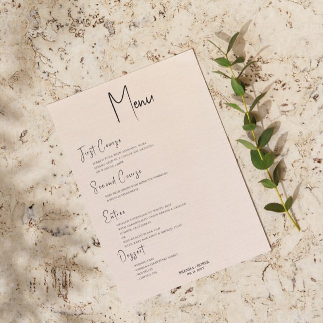 Invitation Linge de lit beige Simple Noir Script Mariage Menu (Créateur téléchargé)