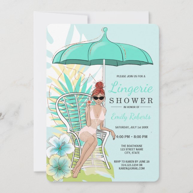 Invitation Lingerie de jardin Mariée rousse sous la douche (Devant)