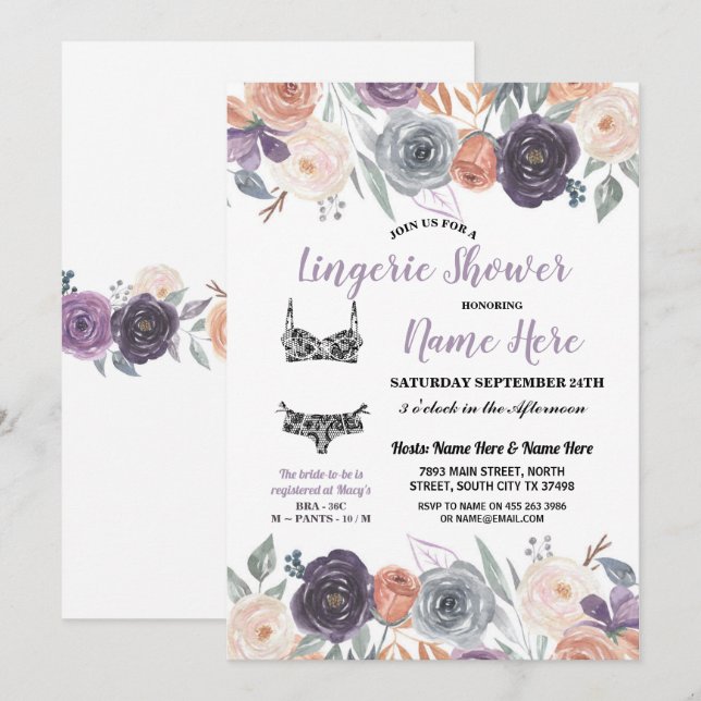 Invitation Lingerie Douche Aquarelle Pêche Pourpre Crème (Devant / Derrière)