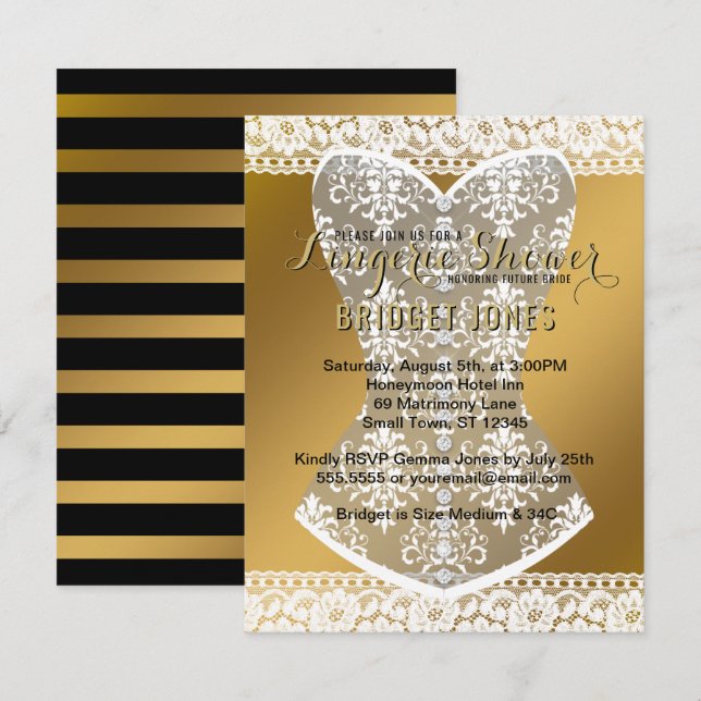 Invitation Lingerie Douche mariée Bachelorette Party Gold (Devant / Derrière)