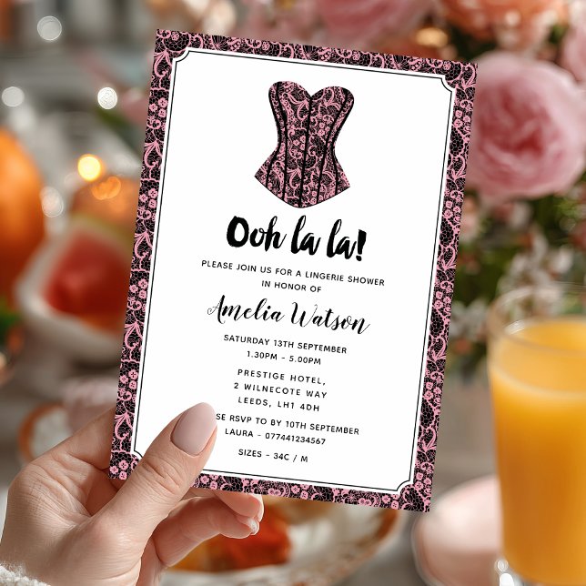 Invitation Lingerie en dentelle noire et rose (Spice up the celebration 🔥 Send your invites with this sassy lingerie shower invitation.)