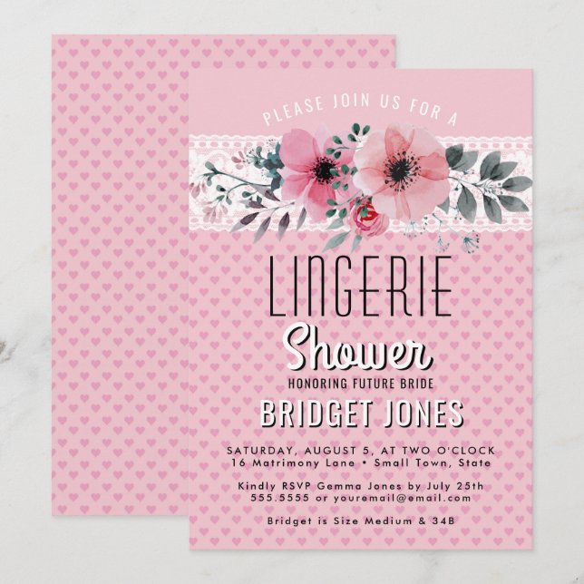 Invitation Lingerie Fête de l'mariée Coeurs floraux roses den (Devant / Derrière)