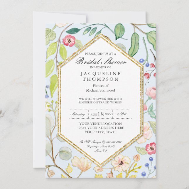 Invitation Lingerie Fête des mariées bleu aquarelle Floral (Devant)