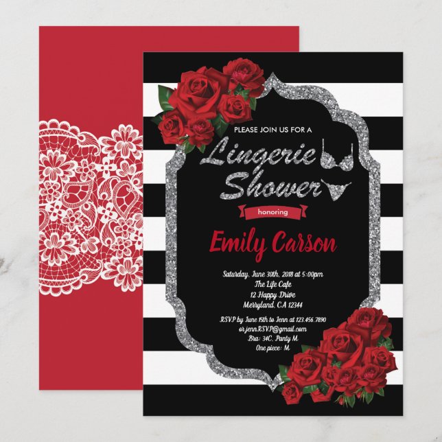 Invitation Lingerie rose rouge douche noir et argent (Devant / Derrière)