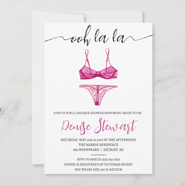 Invitation Lingerie Shower, Noir, Blanc, Rose, Mariage (Devant)