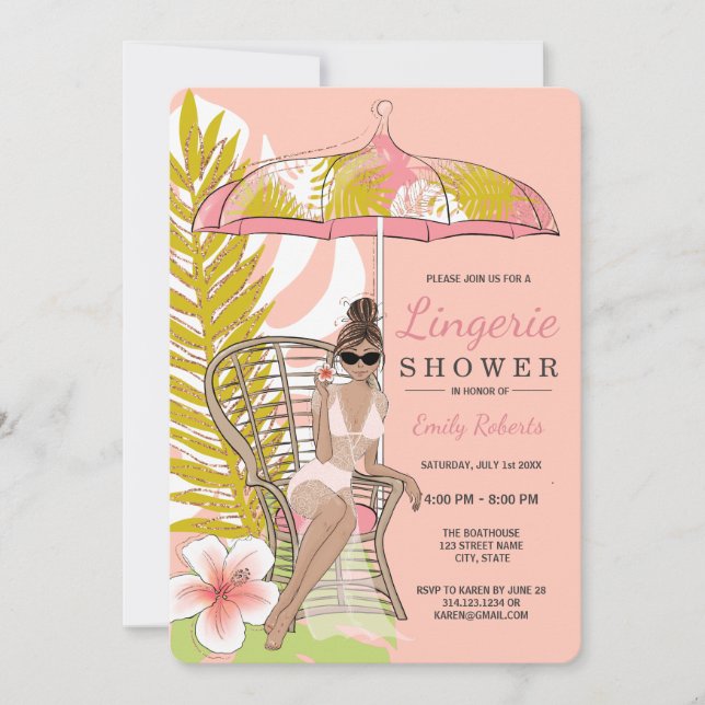 Invitation Lingerie Tropicale Mariée Brune sous la Douche (Devant)