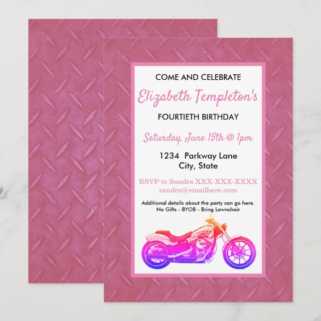 Invitation L'invitation de moto des femmes roses de fête (Devant / Derrière)
