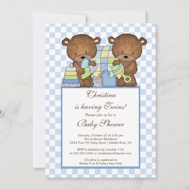 Invitation L'invitation jumelle de baby shower de garçons (Devant)