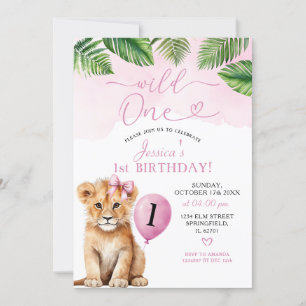 Invitation Lion avec Pink Bow Safari sauvage un anniversaire