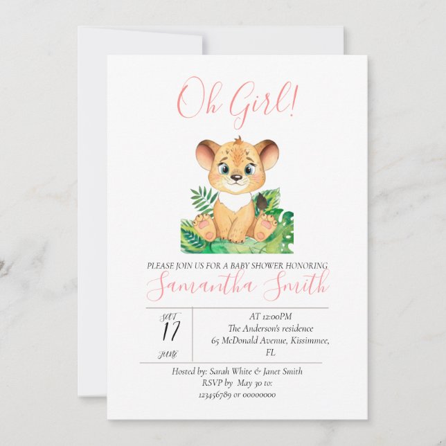 Invitation Lion baby shower Jungle Aquarelle (Devant)