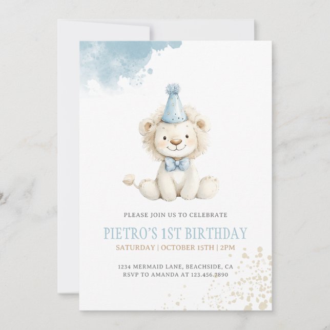 Invitation Lion Blue Boys Aquarelle Anniversaire (Devant)