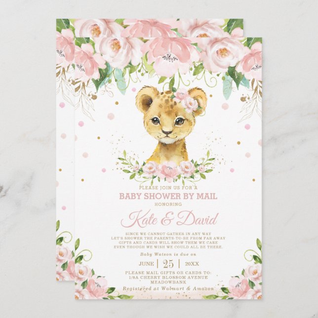 Invitation Lion Blush Floral Baby shower virtuel par courrier (Devant / Derrière)