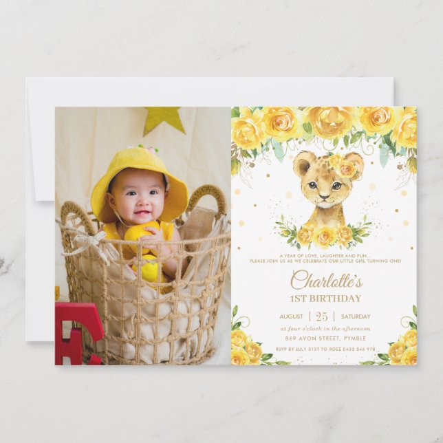 Invitation Lion Cub Jaune Floral Or 1er Anniversaire Photo (Devant)