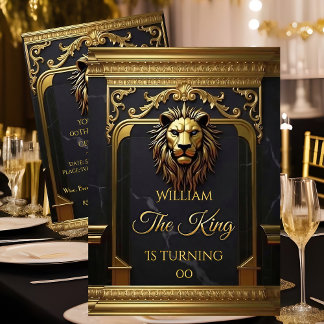 Invitation Lion Head King Marble Black Gold Birthday Party
