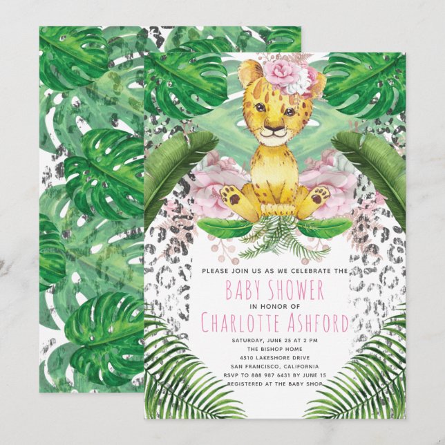Invitation Lion Illustration fille Baby shower Safari (Devant / Derrière)