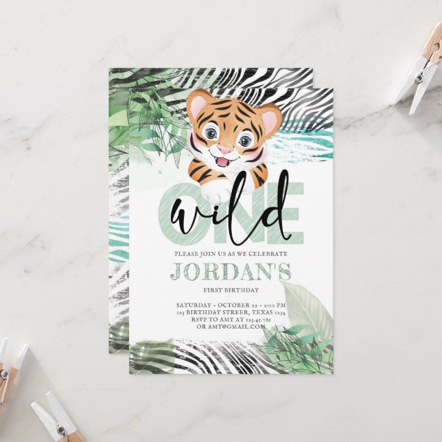 Invitation Lion Jungle Cute Premier Anniversaire (Devant/Arrière en situation)